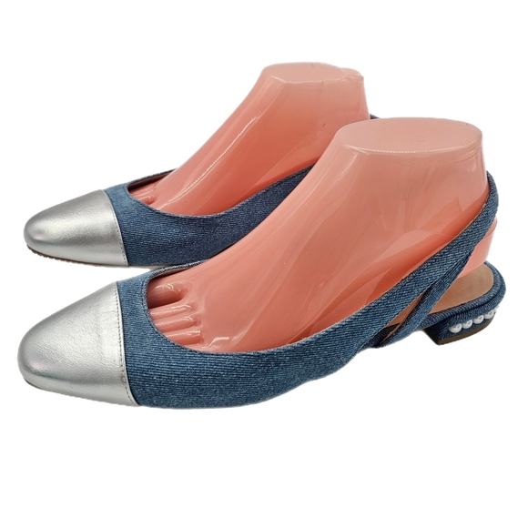 Stuart Weitzman Women’s Pearl Slingback Flats Denim Silver Toe Cap Size 9.5 - Picture 2 of 10